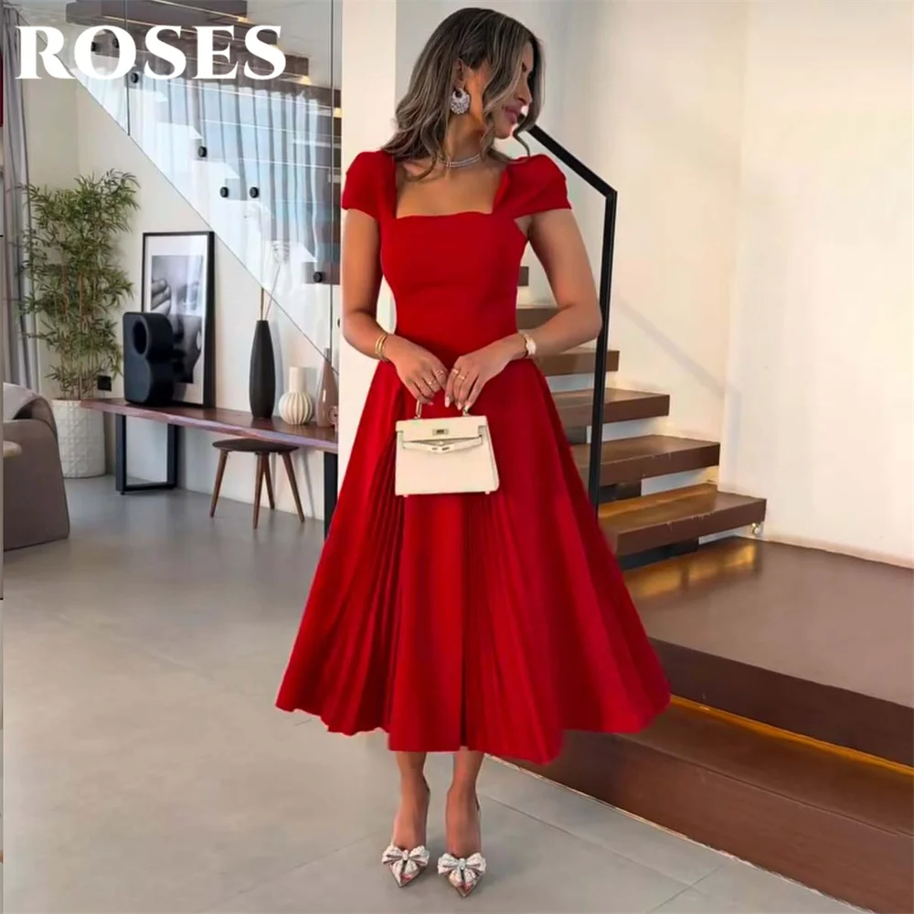 

ROSES Red A-Line Party Dress Regular Sleeve Pleats Night Dresses Square Collar Saudi Arabia Celebrity Evening Dress Customized