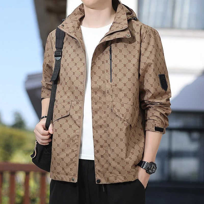 

Spring Autumn Men's Casual Sprint Jacket Fashion Zipper Print Windproof Coat Outdoor Sports Loose Windproof Hooded Jacket