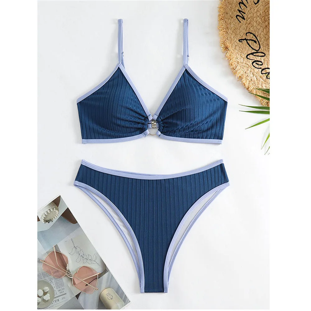 

Сексуальный комплект бикини на бретельках Y2K, синий купальник в рубчик, отпускной купальник, женский пляжный наряд, летний купальный костюм, бикини De Mujer