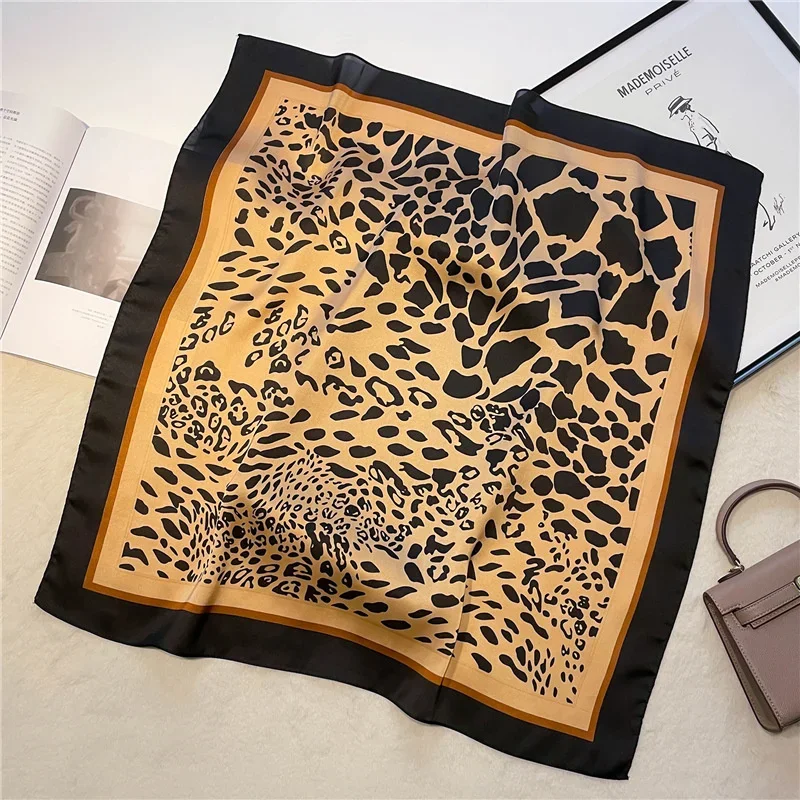 Fashion Women Silk Scarf Ladies Leopard Print Shawl Headband Small Hair Scarves Bandana Female Handkerchief Scarves 70Cm Square