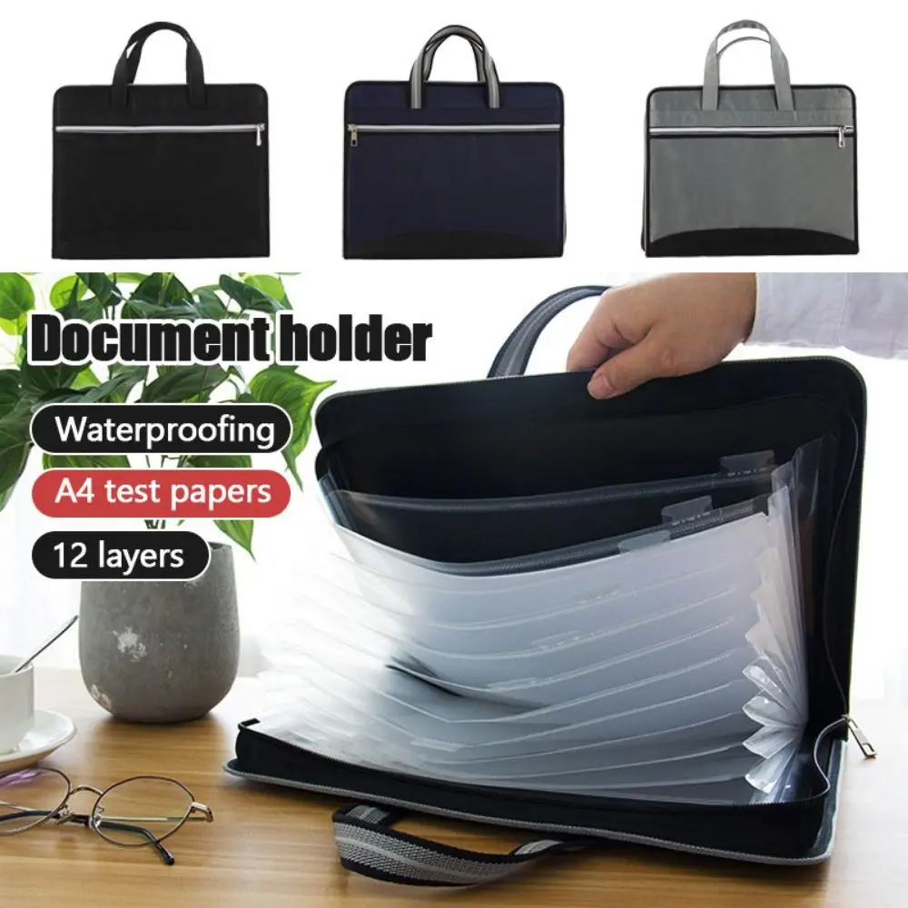 Versatile Canvas A4 Documents File Bag Large Capacity 12-Layer Accordion Folder Double Zipper Test Paper Accordion Bag