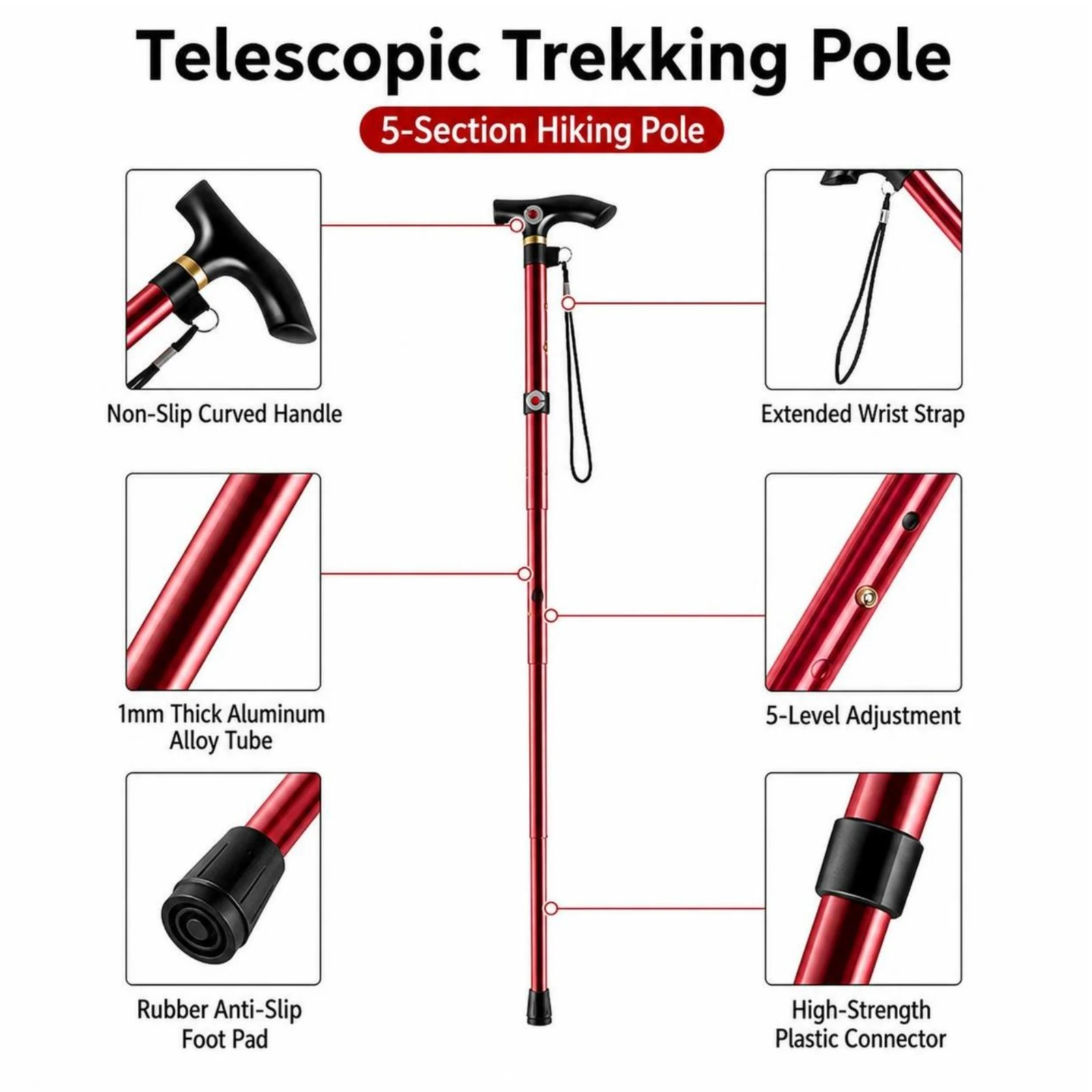 Folding Cane with T-Handle Anti-Slip Collapsible Walking Stick Folding Trekking Pole Sturdy Outdoor Gear Safe for Hikers, Travel