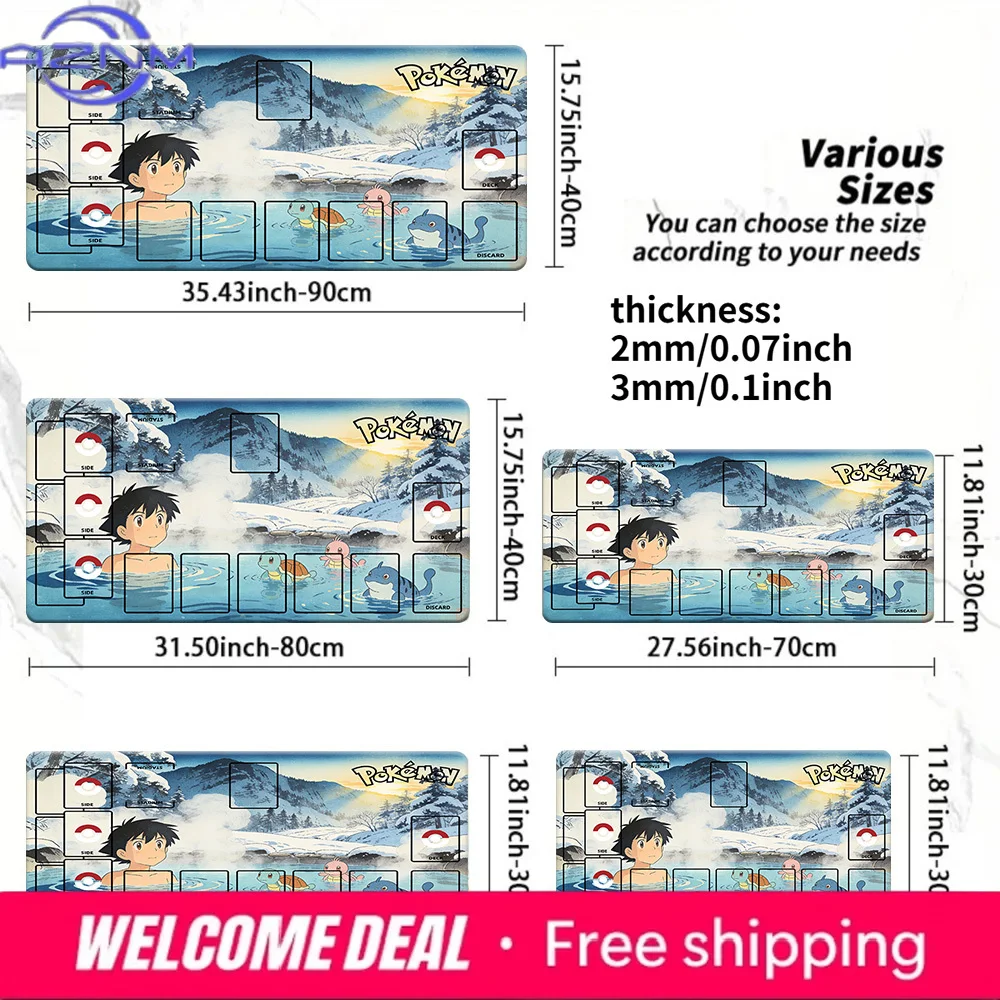 Pokemon Ash Onsen Winter Hot Spring TCG Playmat, Anime Trading Card Game Mat with Zones, 2mm/3mm Thick Non-Slip Mouse Pad for CC