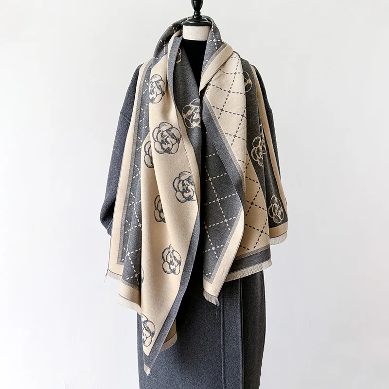 New Luxury Winter Camellia Two-Sided Cashmere Jacquard Scarves High Quality Women Thicken Wrap Shawl Ladies Wool Pashmina Scarf