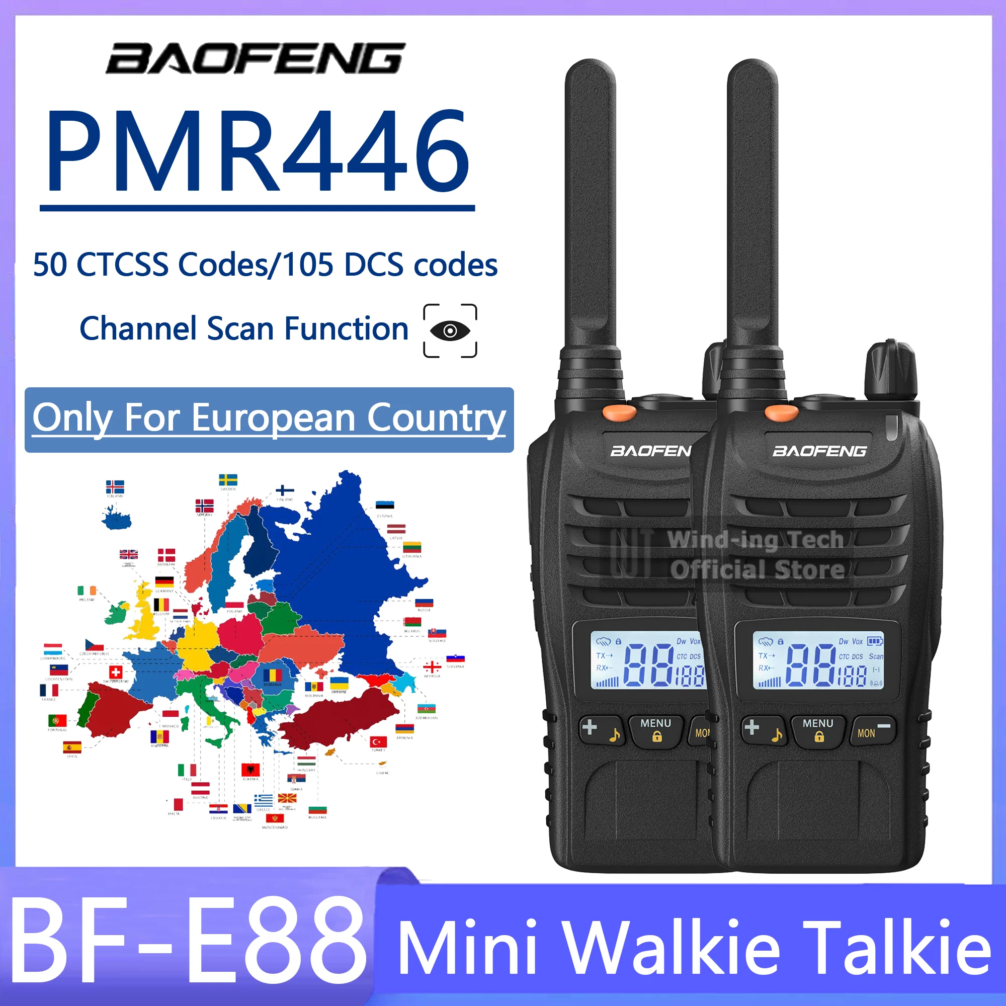 Baofeng E88 Mini Walkie Talkie PMR446 Only For European Country 1200mAh 10KM BF-E88 VOX 16CH Kid's Gift camping Portable Radio