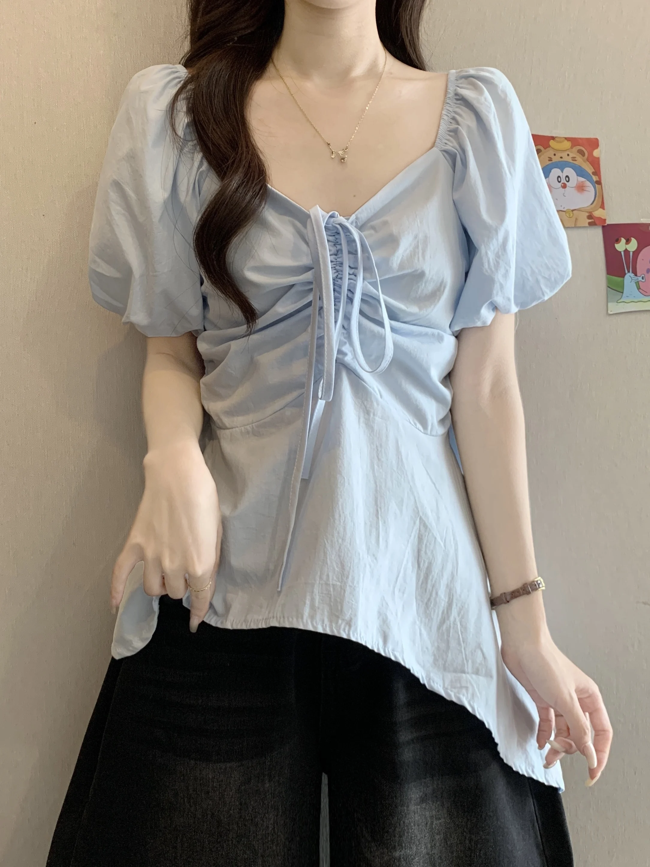 

plus Size Casual V-Neck Short Sleeve Shirt Slimming Waist Design French Style Loose Fit Summer Top for plus Size Women