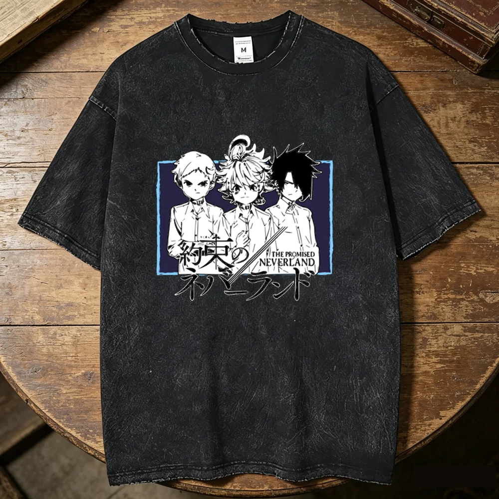 the Promised Neverland Vintage Washed cotton men Grunge Gothic top tees korean clothes 2000s anime Breathable graphic Classic