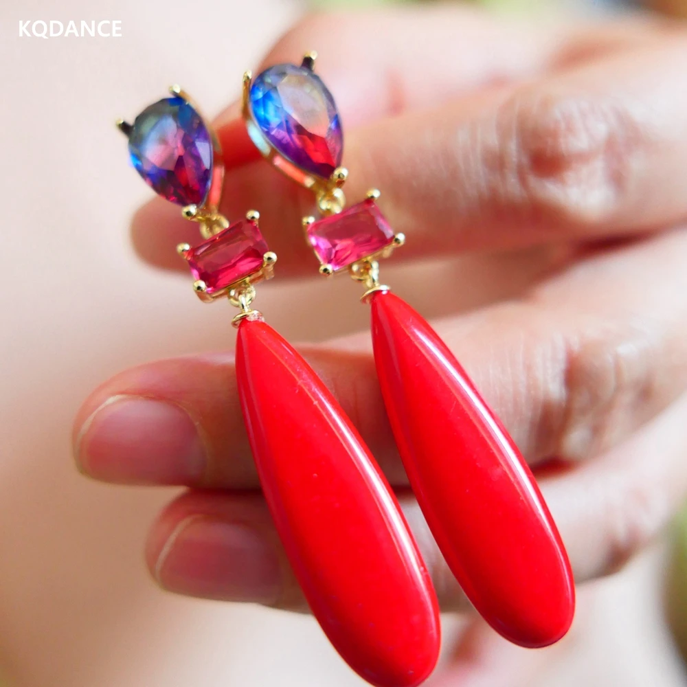 

KQDANCE Women Elegant Red Turquoise Colored Zircon Crystal Long Water Drop Earrings 925 Silver Needle Natural Gem Stone Jewelry