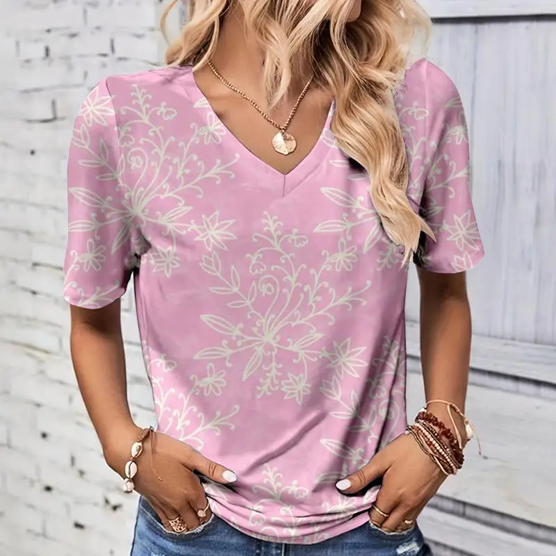 Modne letnie koszulki z nadrukiem 3D w kształcie liści Damskie koszulki z krótkim rękawem z dekoltem w szpic Y2K Casual Tees Harajuku Tops Odzież damska