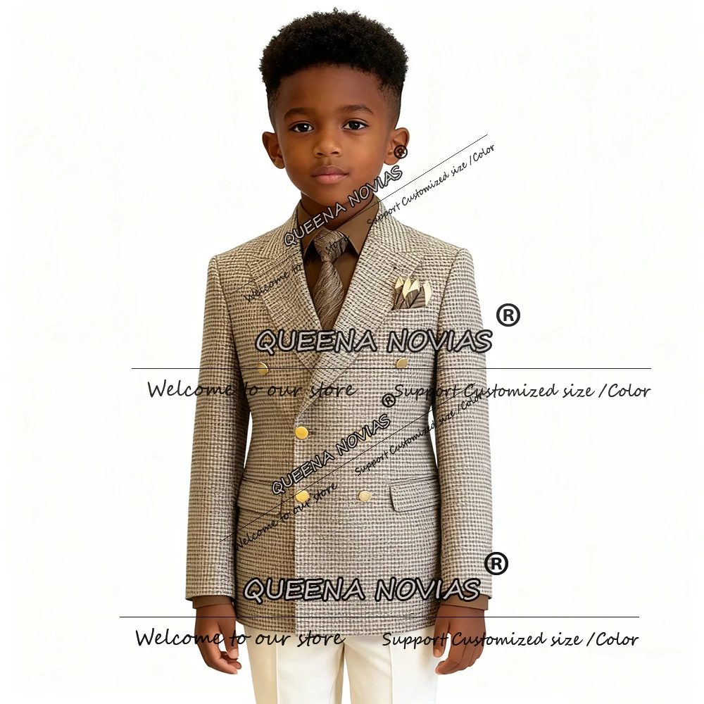 

Elegant Plaid Boy's Suit For Wedding 2 Pieces Sets Double Breasted Blazers Customized Houndstooth Children Wedding Party Tuxedos
