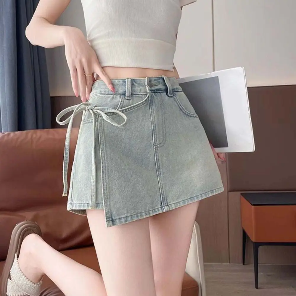

Lace-up A-line Skirt Shorts High Waist Y2K Fake Two-piece Skirt Spicy Girl Style Wide Leg Baggy Blue Jeans Skirt Spring Summer