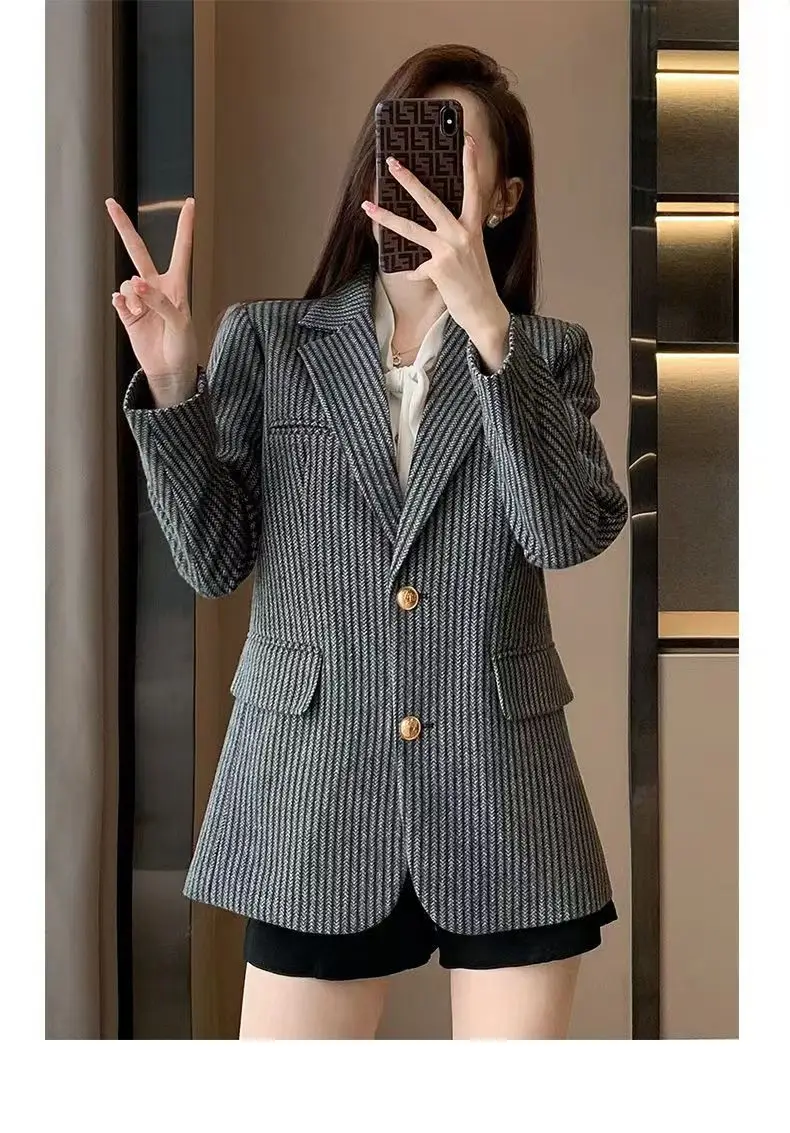 Women\'s Striped Single-Breasted Suit Jacket, Long Sleeve, Office Jacket, Retro Fashion, Gap Collar, Street Fashion