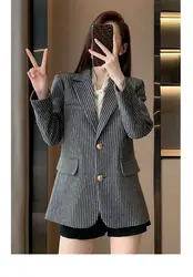 Women's Striped Single-Breasted Suit Jacket, Long Sleeve, Office Jacket, Retro Fashion, Gap Collar, Street Fashion