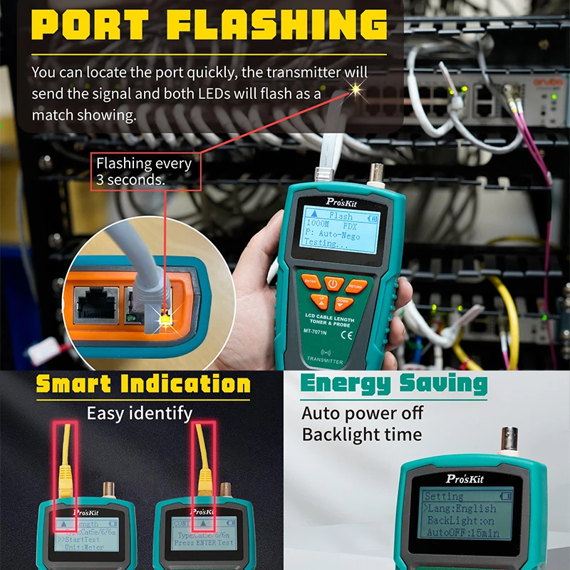 Pro'sKit LCD Audio Cable Length Finder Line Tester Can Test AC 90-1000V Voltage Anti-filtering Cat.5/6/7 Electrical Instruments