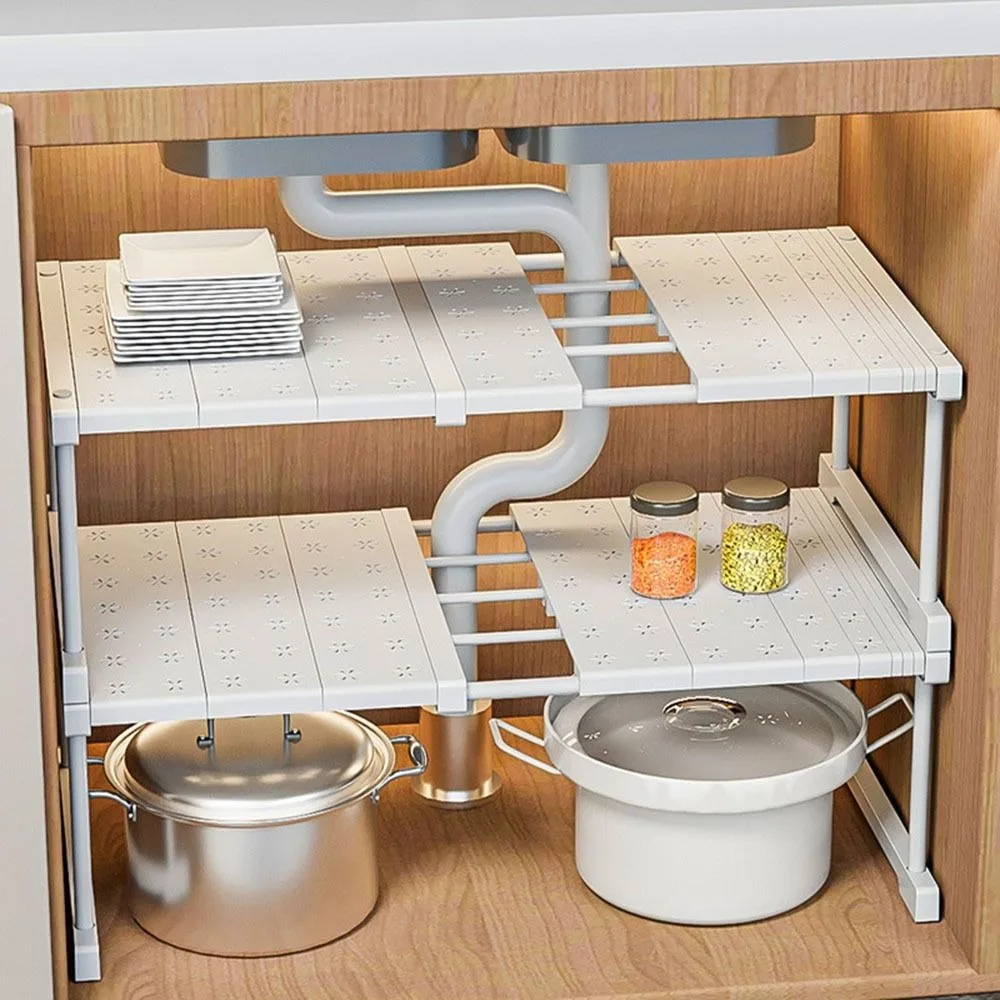 Expandable Cabinet Storage Rack Adjustable Width Stackable Cabinet Storage Layer Multi-Purpose Telescopic