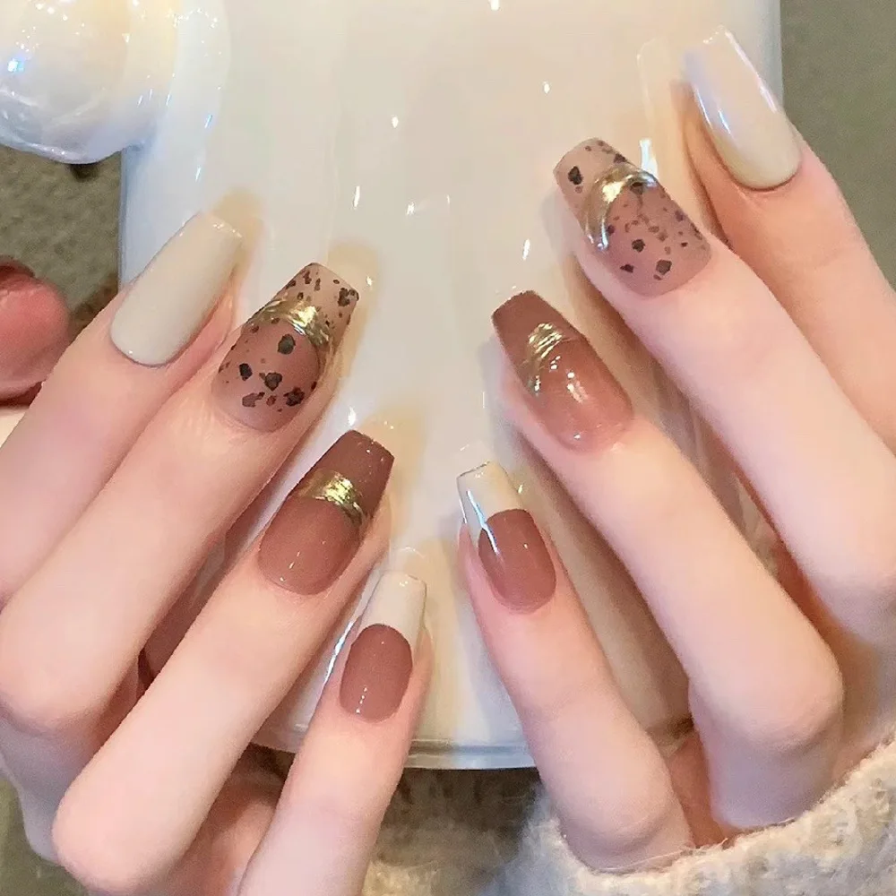 

24Pcs Mid-length Ballet French Press on Fake Nails with 3D Gilding Red Gradient Design False Nail Reusable Full Cover Nails Tips