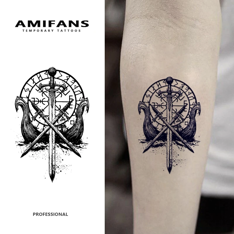 

3 Sheets Semi Permanent Tattoo Viking Swords Tattoo Temporary Tattoo 3.2'' X 3.9'', Lasting 1-2 Weeks Tattoo,Long Lasting Tattoo