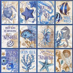 12Pcs/Pack Retro Blue Ocean Marine Animals Vintage Sticker DIY Craft Scrapbooking Album Junk Journal Decorative Stickers