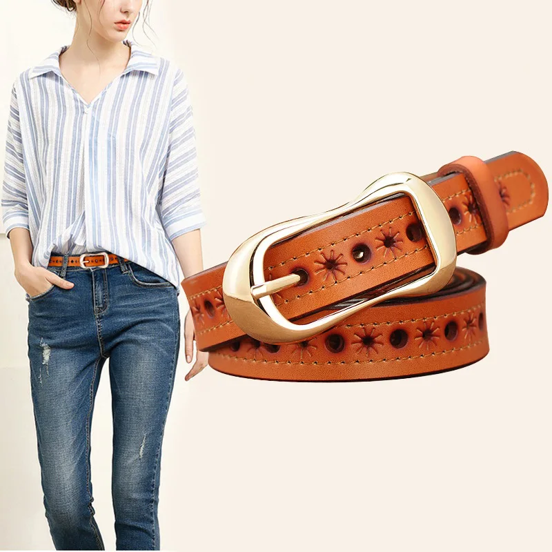 Ladies Belt Fashion Hollow Casual Genuine Leather Belt Alloy Pin Buckle Solid Color Belt Quality Jeans Belt for Women