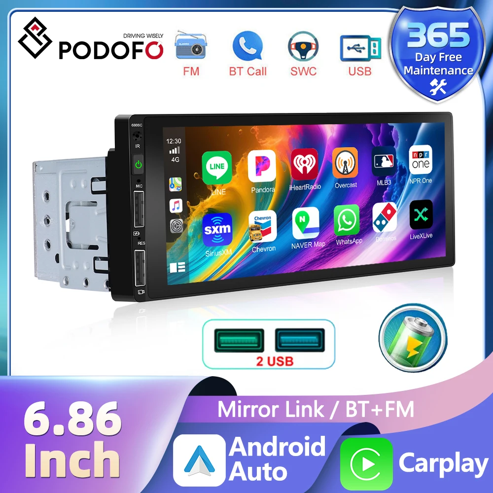 

Podofo 1Din Car Mp5 Radio Carplay Touch Screen Monitor 6.86" with Bluetooth FM Radio Receiver Support TF/USB Rear View Camera