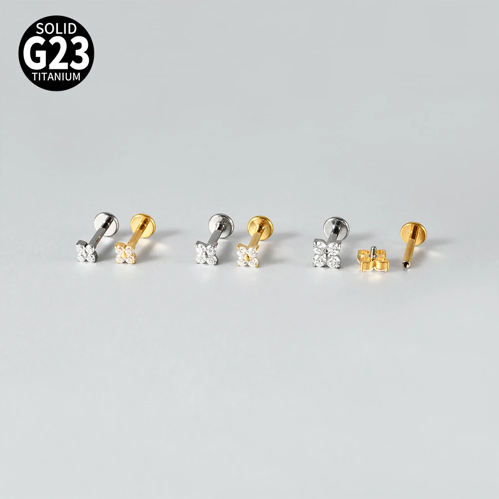 1PC G23 Titanium Flower Clear Zircon Lip Stud Internal Thread Small & Large Flower Cartilage Tragus Helix Earrings Piercing 16G