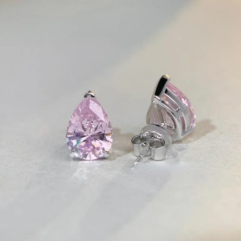 Shining U S925 Silver 3CT Pink Waterdrop Gems Stud Earrings for Women Fine Jewelry Anniversary
