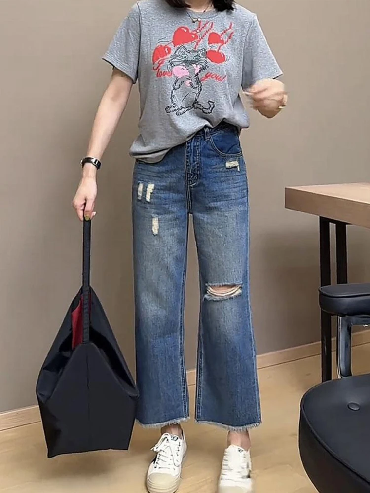 

Blue Large Size Hole Nine Point Jeans Women's Summer Thin Wide Leg High Waist Slim Straight Tube Pants Loose Fit Denim Skinnies