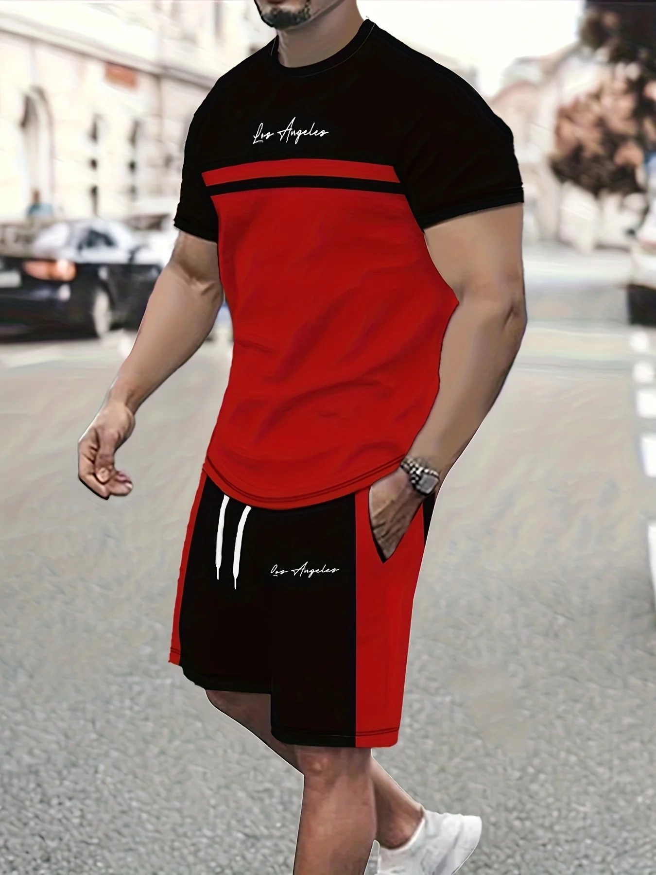 

Los Angeles Color Block Men'S Casual Summer 2 Piece Set Men's Sport Suits Outdoor Training Outfit Activities Tshirt Shorts Sets
