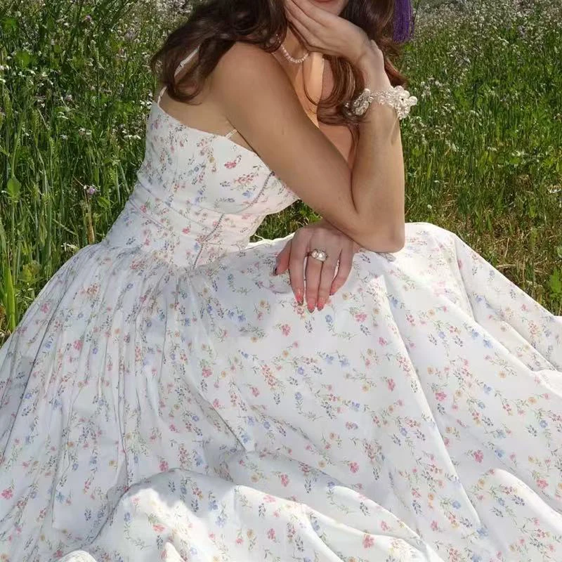 Vestido camisero francés elegante con estampado de flores para mujer, vestido Sexy de verano con tirantes finos, vestido acampanado a la moda para mujer, Vestidos de fiesta plisados ajustados