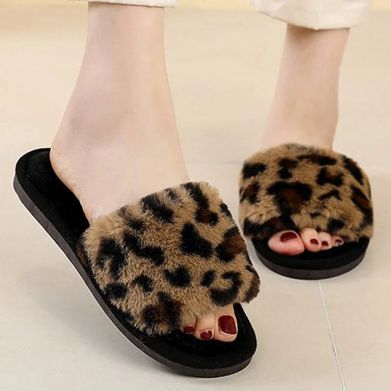 

Leopard Print Furry Slippers for Women Outerwear Autumn Winter Non-slip Plush Slides Ladie Lazy Home Room One-word Fuzzy Slipper