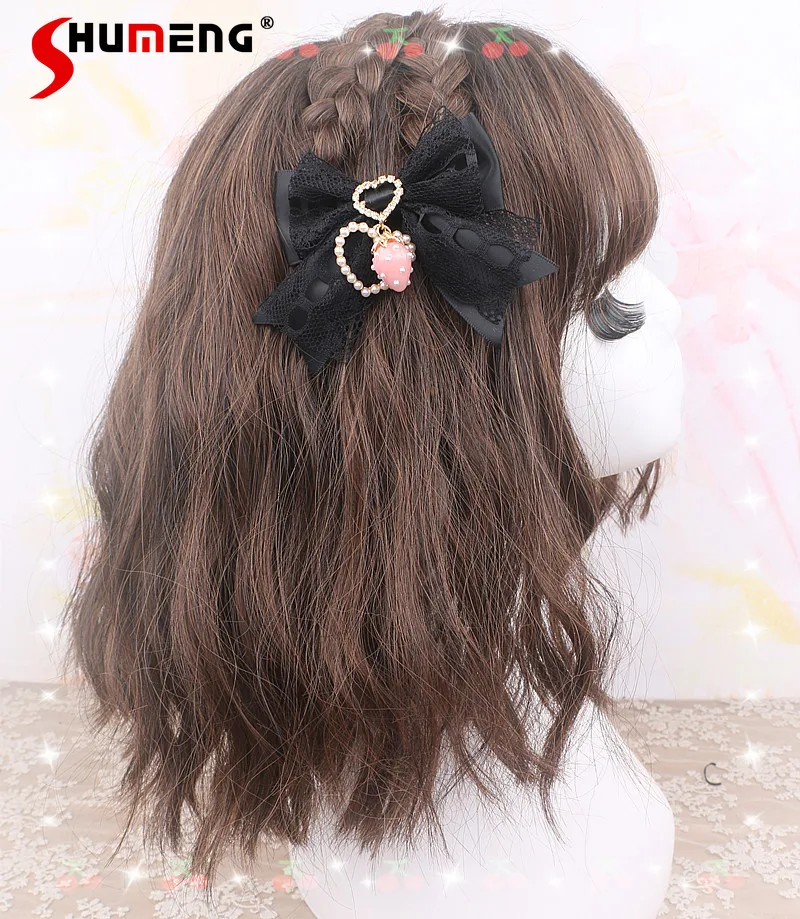 Lolita Sweet Hair Clips for Women Cute Lace Edge Handmade Original Kawaii Strawberry Love Pearl Pendant Bow Barrettes Accesorios