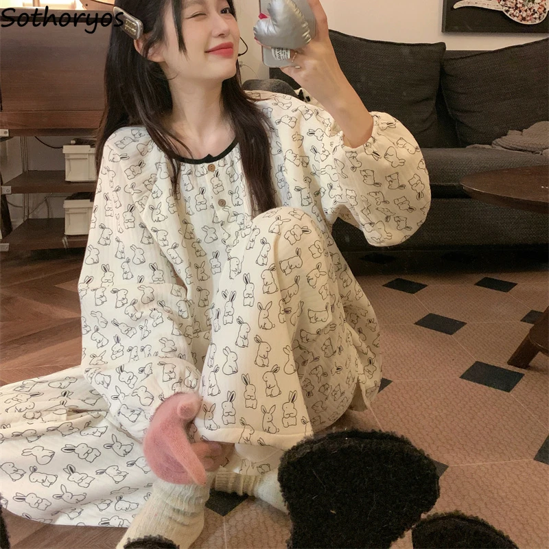 

Pajama Sets Women O-neck Ins Long Sleeve Printed Kawaii Trendy Autumn Winter Homewear Classic Prevalent Dormitory Sleepwear Chic