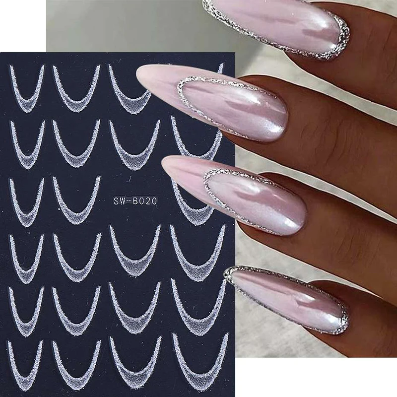 Fashion Shimmering Glitter French Gradient Nail Art Stickers Line Press On Nails Decals Manicure Decorations DIY