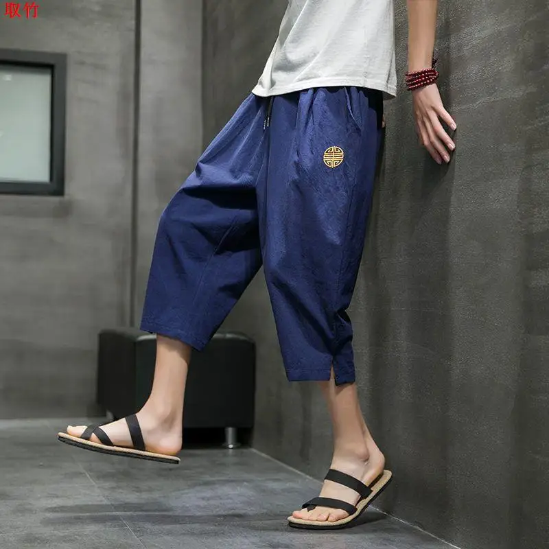 

Мужские летние тонкие хлопковые льняные свободные облегающие шаровары с вышивкой, повседневные удобные дышащие легкие брюки