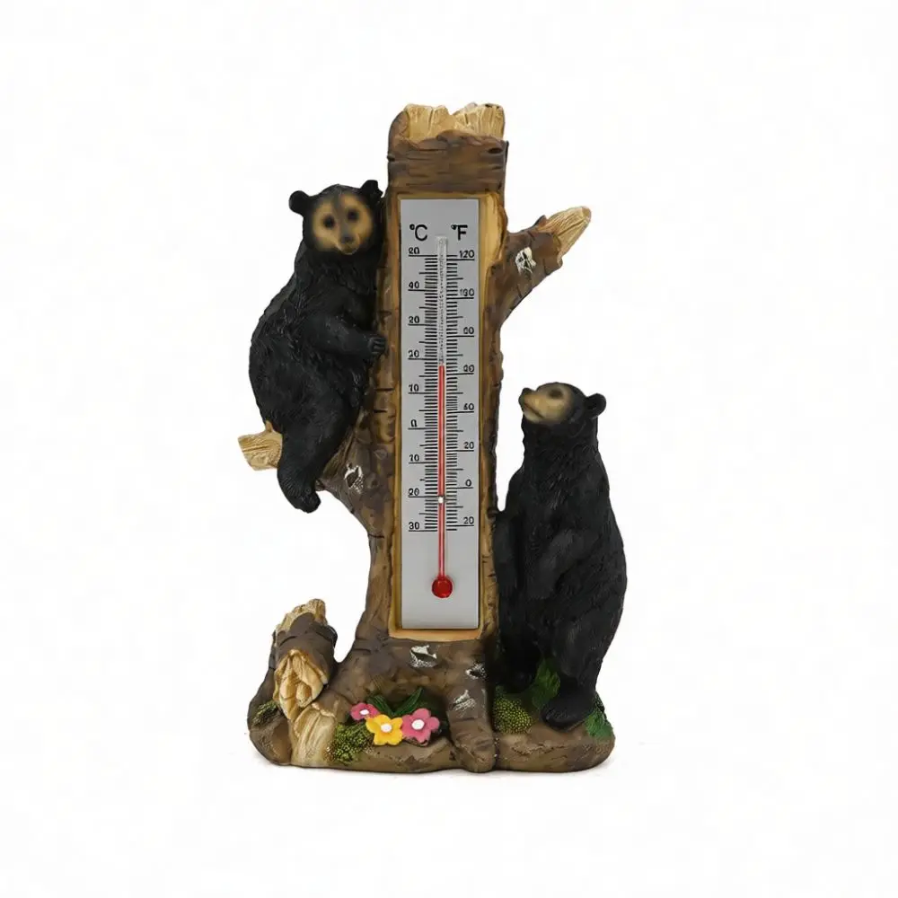 Resin Black Bear Ornament For Outdoor Garden Patio Lawn Temperature Measuring Instrument Realistic Wildlife Statue