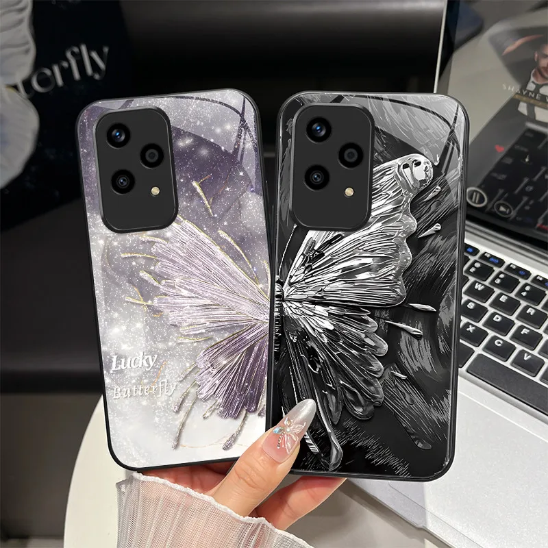 강화유리 하드 폰 케이스 Honor 200 400 Lite 70 90 Pro X50i 고급 나비 꽃 소프트 실리콘 TPU 충격 방지 커버