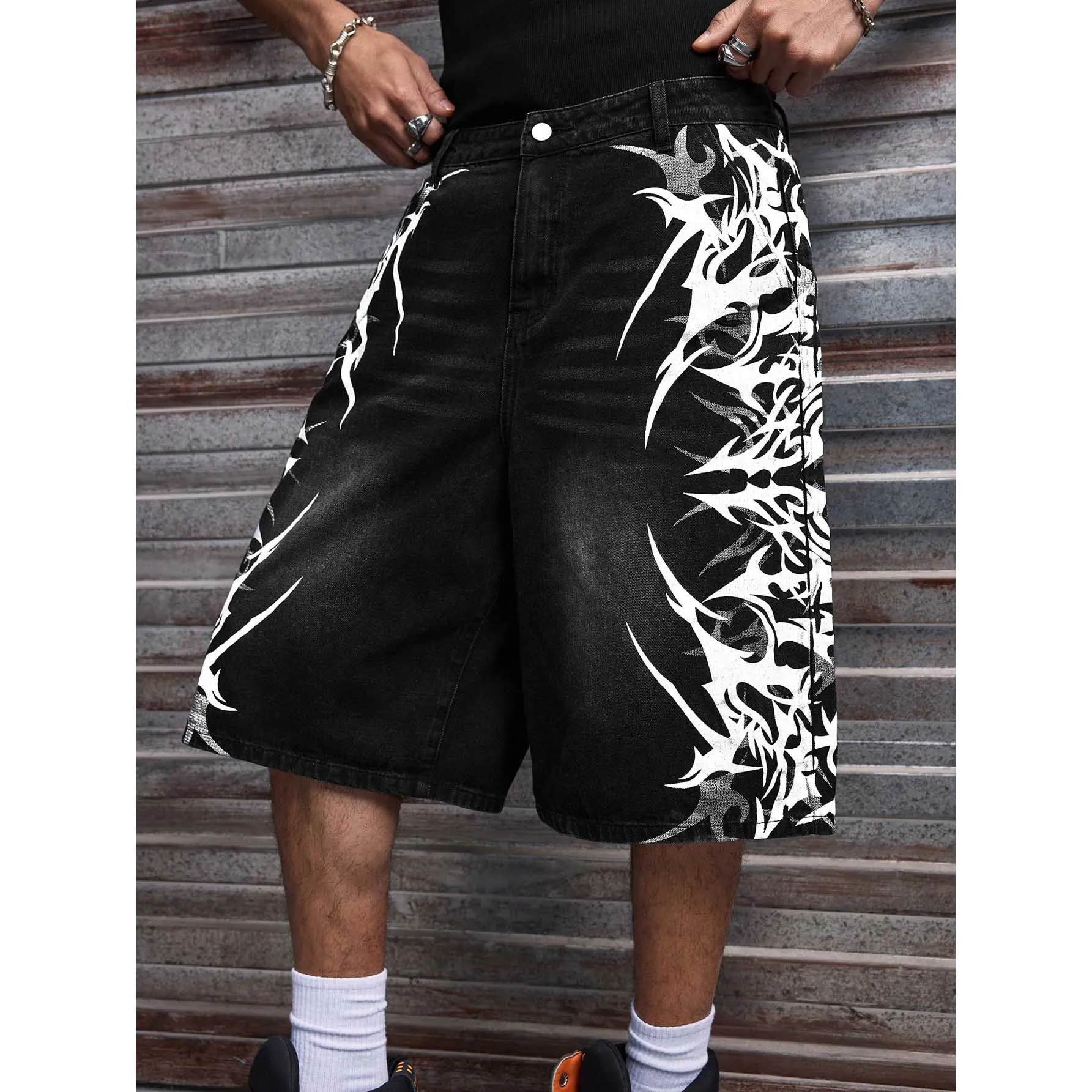 

Men Black Non-Stretch Denim Jorts Summer Streetwear Print Baggy Wide Leg Knee Length Hip Hop Casual Shorts Y2K Punk Style