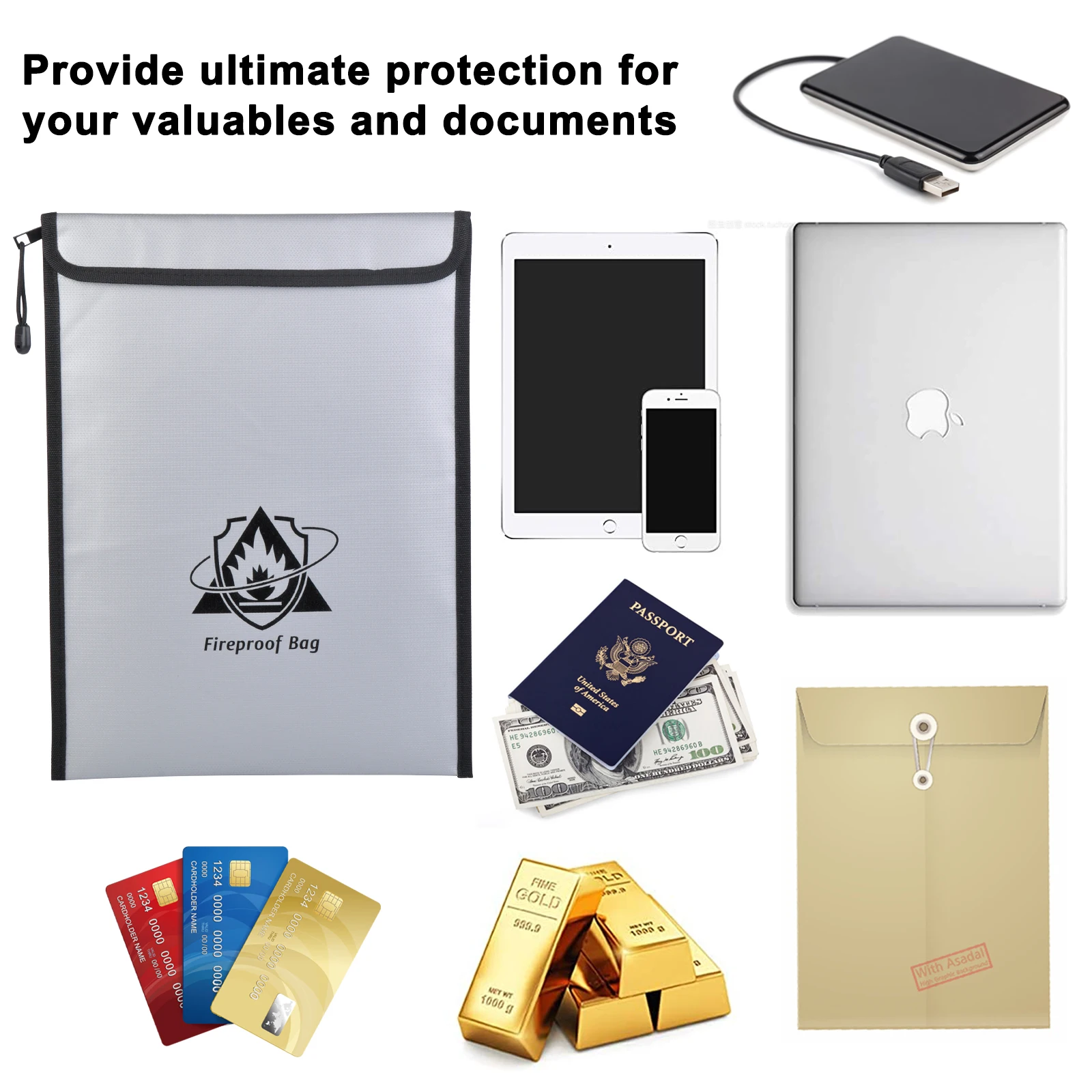 Fireproof Document Bag(2000℉)Waterproof Money Bag Fire Safe Storage for Valuables,Jewelry,Legal Document,Passport,Tablet,Battery