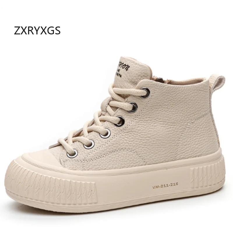 

ZXRYXGS Top Layer Cowhide Sneakers Women Shoes High Top Trend Boots 2025 New Spring Lace-up Flat Sneaker Casual Shoes Soft Sole