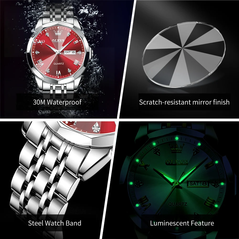 OLEVS Brand Original Business Men Quartz Watch Week Date Luxury Stainless Steel Strap Waterproof Luminous Fashion Red Watch Men