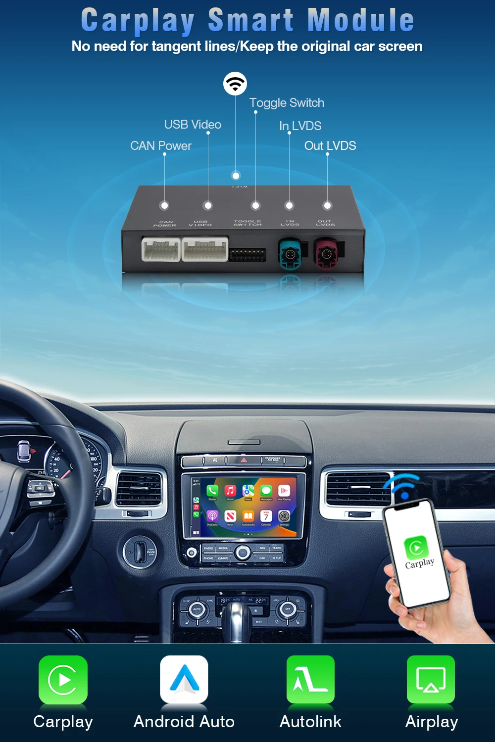 AUTOTOP CarPlay Android Auto Nachrüstbox für VW Volkswagen Touareg 2010-2017 RNS850, kabelloses AirPlay MirrorLink Navigationsmodul, mit Beibehaltung der originalen Parksensoren und der werkseitigen Kamera, während es gleichzeitig Aftermarket-Front- und Rückfahrkameraeingänge unterstützt. – Detail 2