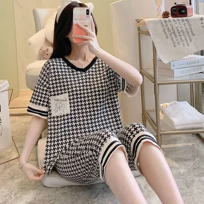 

Ins Style Pajamas Set New Pullover Princess Outerwear Home Clothing Outfit Women's Summer Sleepwear Short Sleeve Cropped Pant