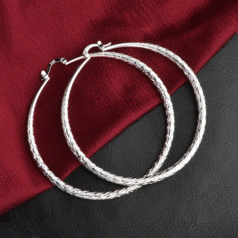 

925 Sterling Silver classic 7CM Big circle Wave pattern hoop Earrings for Women fashion party Jewelry Christmas gifts
