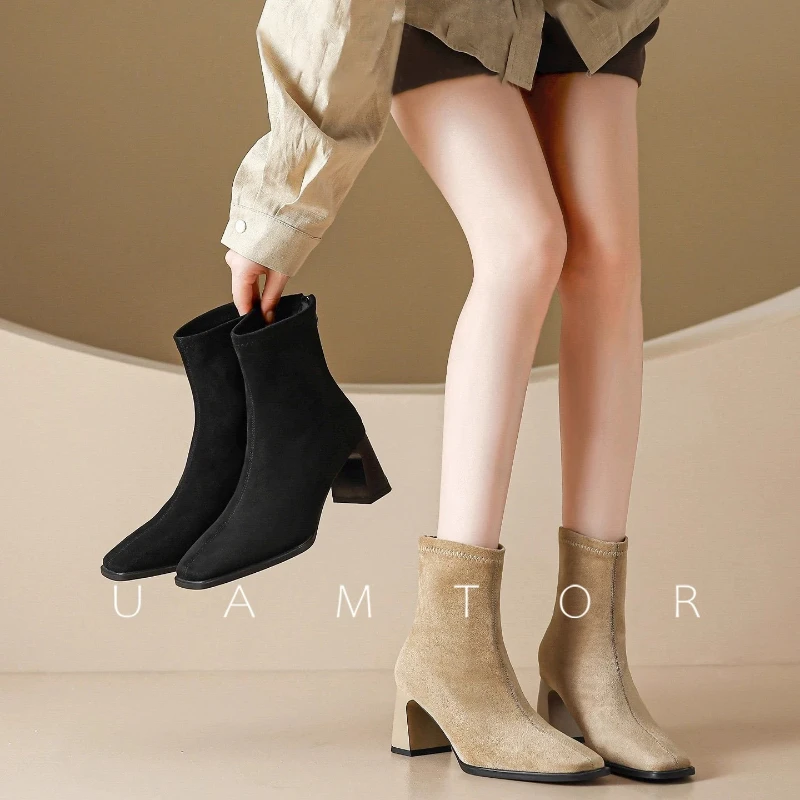 

Women's Suede Block Thick Heel Ankle Boots Fashion Pointed Toe Mordern Short Booties Street Party Stripper Female Shoes