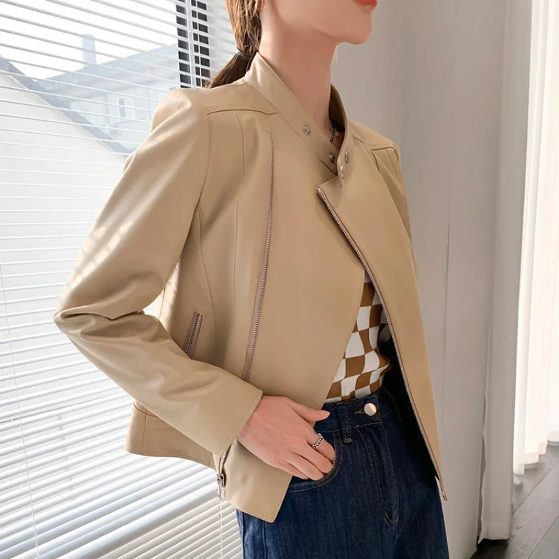 Veste courte en cuir véritable pour femme, peau de mouton, mode coréenne, printemps, automne, nouveau, 2023, 100%