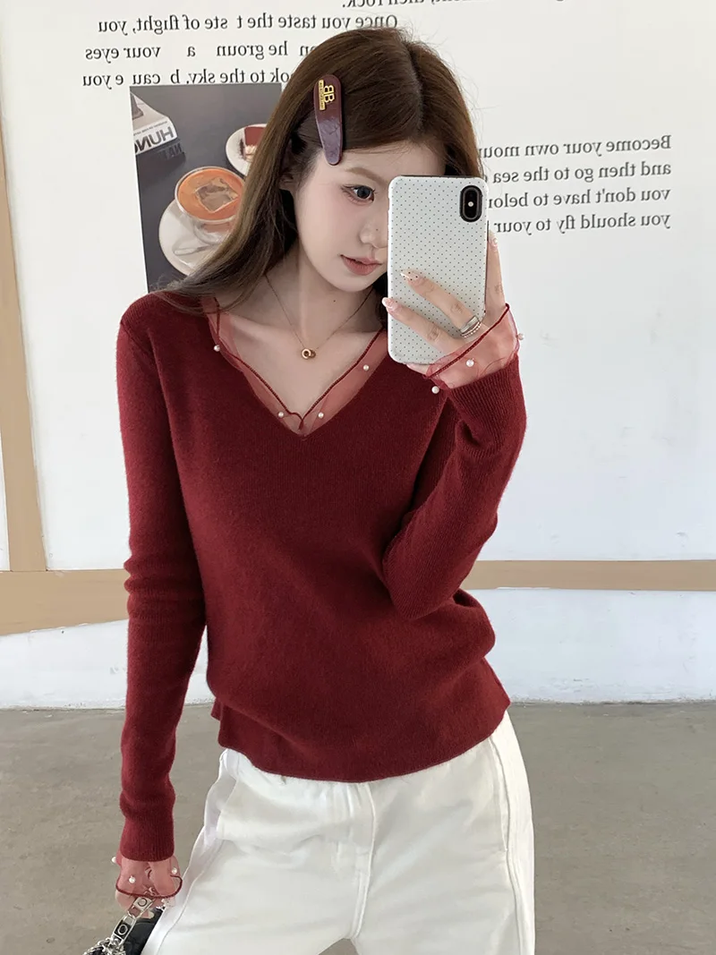 

New Year Red Lace Pearl Low Ne Knitted Base irt Women's Autumn Winter Long Sve Inner Wear Turtlene Soft Korean Sle
