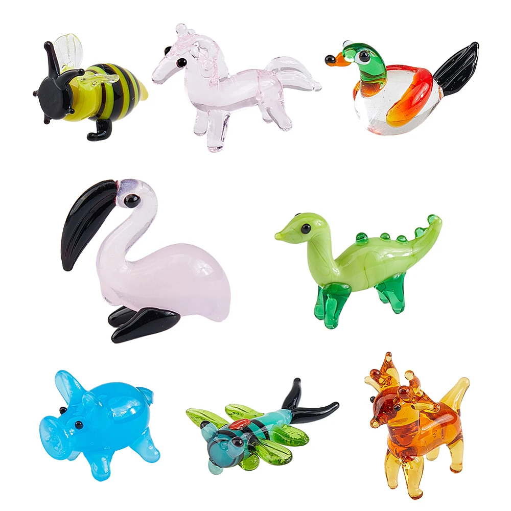 8 Styles Hand Blown Glass Figurines Miniature Animal Glass Decor Includes Bees Dinosaur Stag Unicorn Piggy Dragonfly Duck