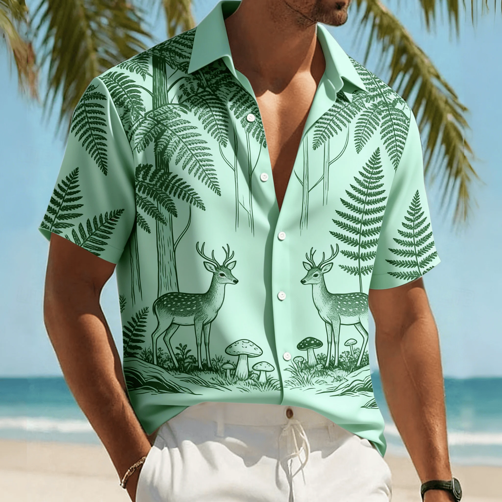 

Men's Spring Nature Inspired Shirt, Forest Print, Casual Short Sleeve Button Up for Outdoor & Beach