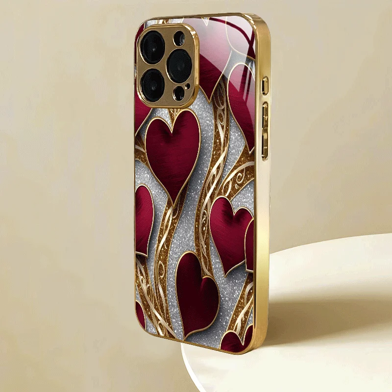 Sleek Luxury Red Heart Glitter phone case Glass fashion phone cases fundas Phone Case for iPhone 17、16、15、14、13、12pm Pro Plus