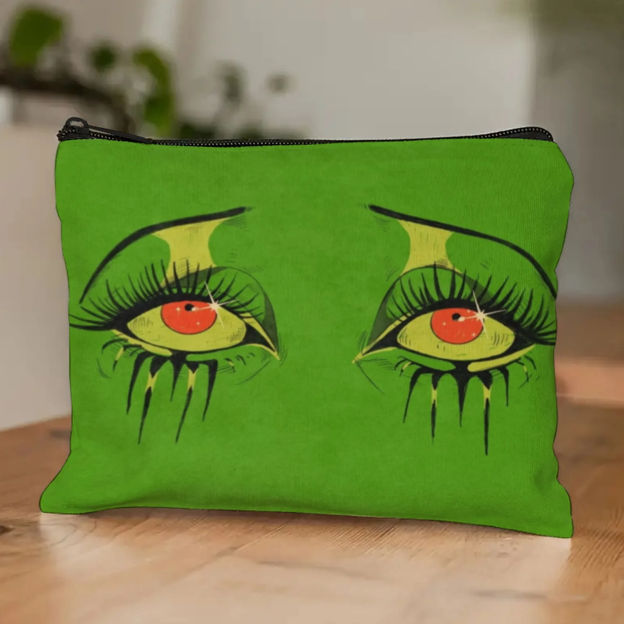 Trendy Artistic Exaggerated Expression Eye Cosmetic Bag with Bright Green & Bold Prints Creative Organizer for Eye Makeup